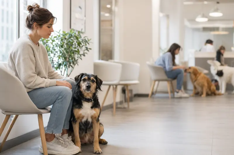 Ein Pai Hund sitzt ruhig neben seinem Besitzer im hellen Wartezimmer einer modernen Tierarztpraxis.